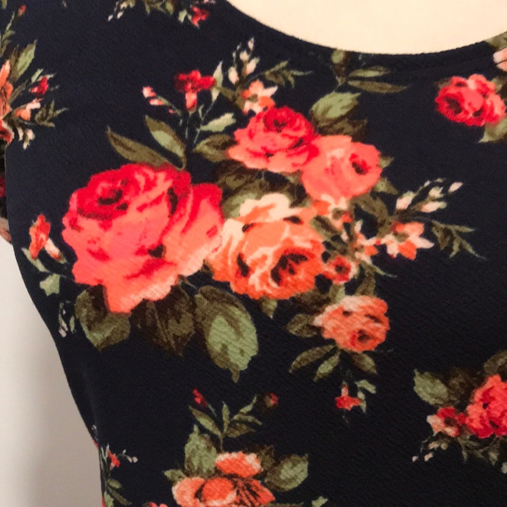 Navy Blue Skater Dress with Hot Pink Roses - Picture 2 of 3